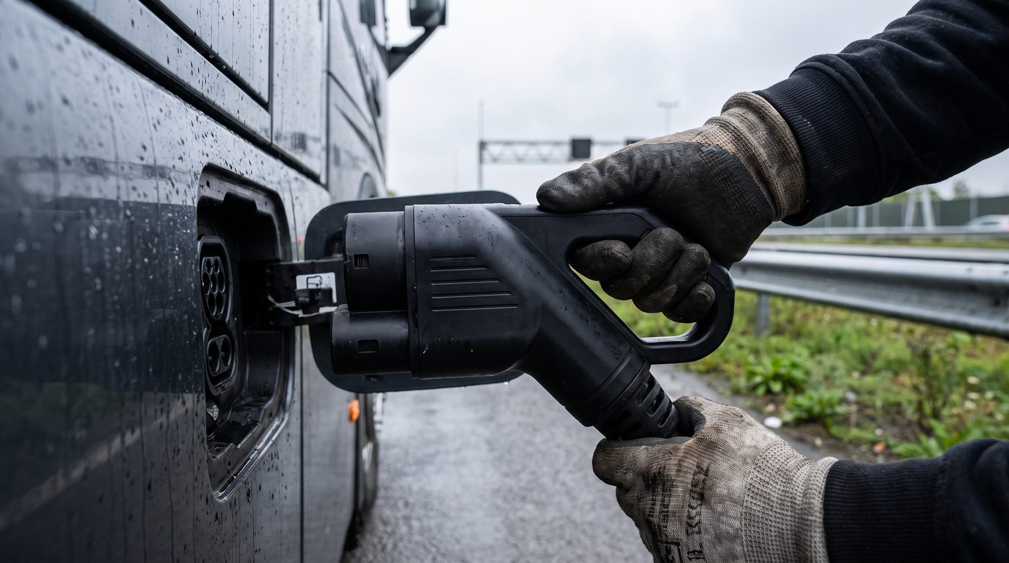 Nahaufnahme: Stecker wird in E-Lkw eingesteckt