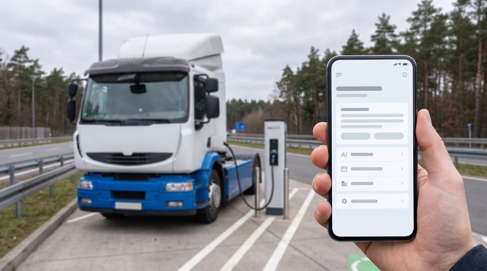 Smartphone mit ElectroFleet-Fahrer-App, im Hintergrund Lkw an der Ladebucht