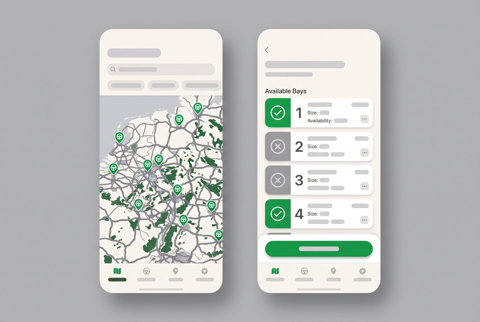 Zwei App-Screens: Kartenansicht + Bucht-Detail mit „frei/belegt"