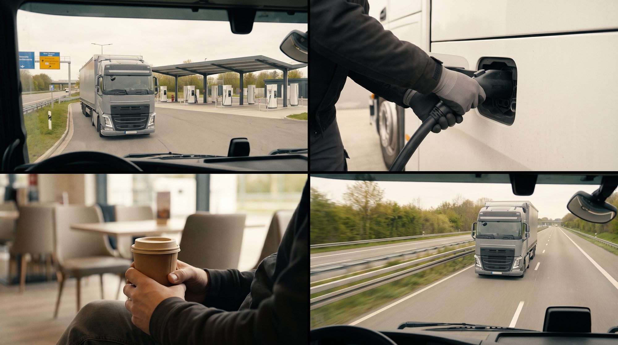 Kurzclip: Anfahrt → einstecken → Pause im Servicebereich → weiterfahren (Fahrer-Perspektive)