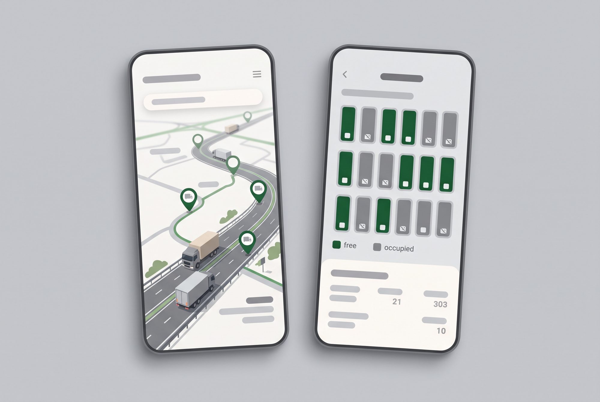 Zwei Smartphones mit ElectroFleet-Fahrer-App: Kartenansicht mit Hubs + Echtzeit-Verfügbarkeit einer Ladebucht