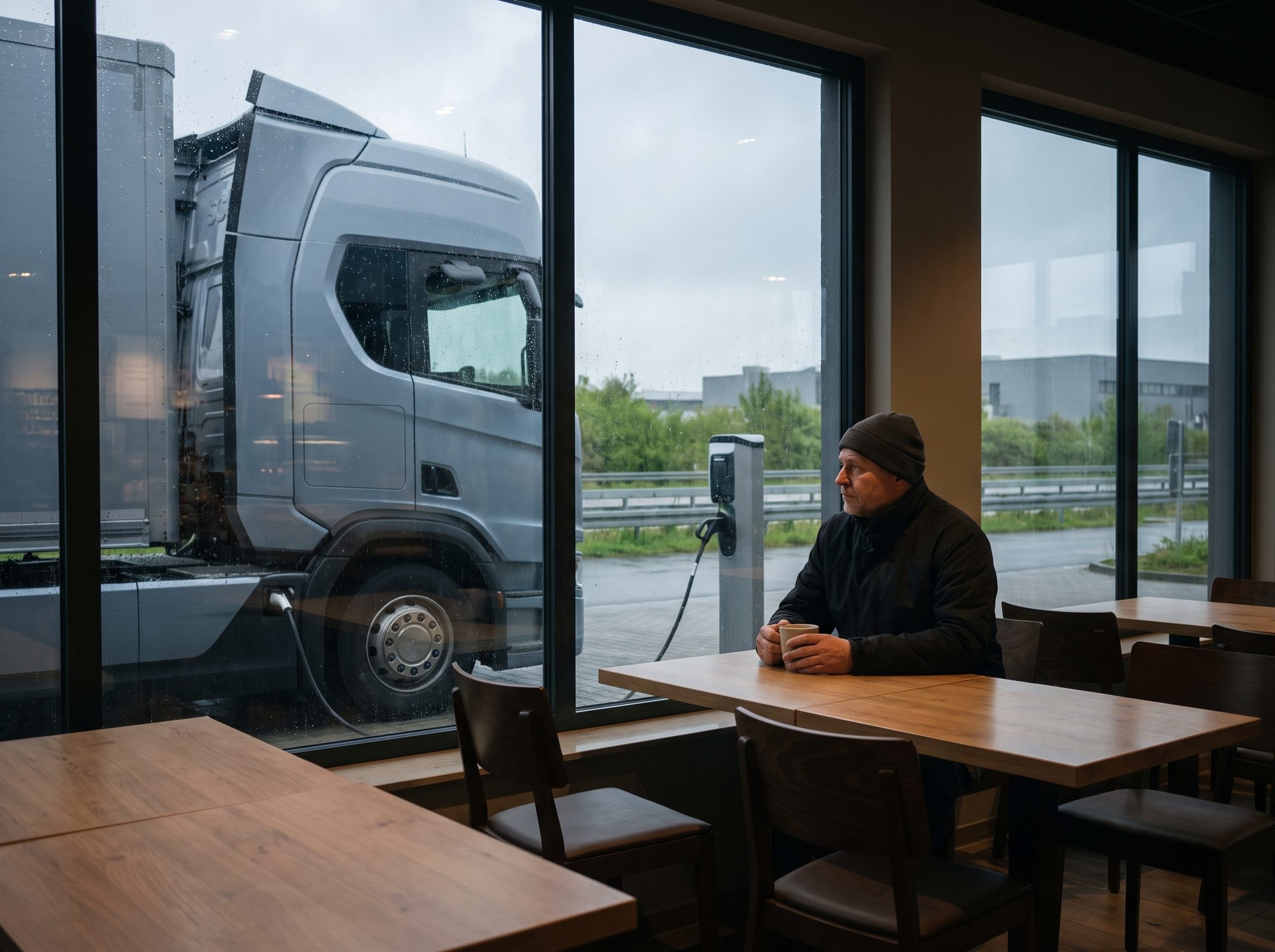 Fahrer im Bistrobereich mit Kaffee, Lkw im Hintergrund