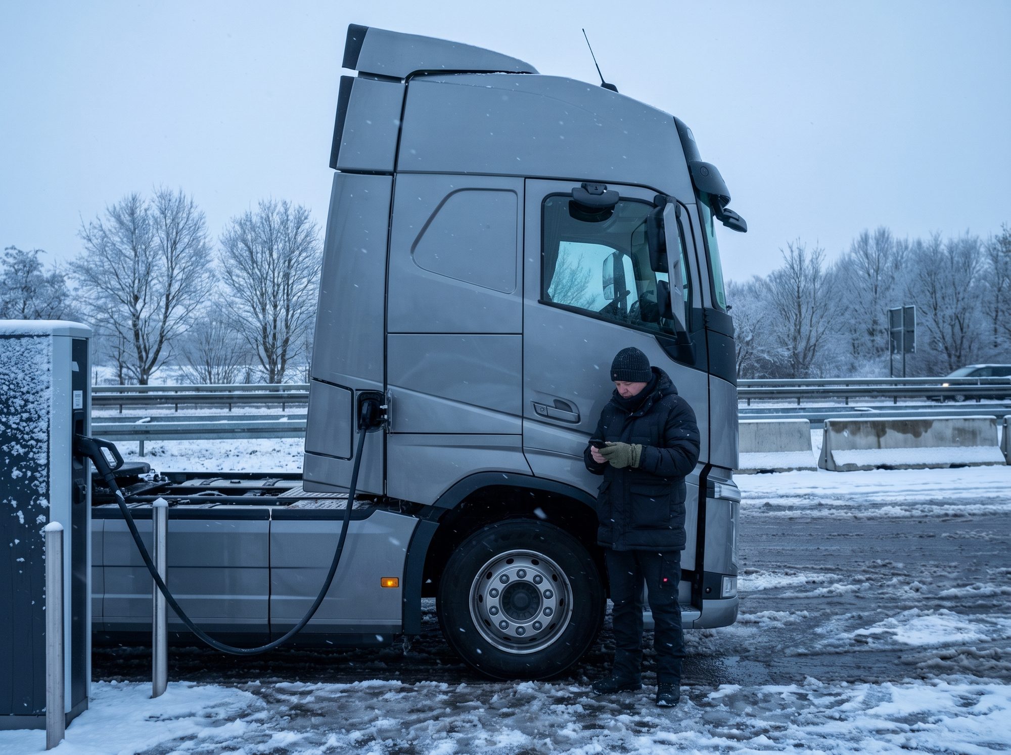 E-Lkw lädt bei winterlichem Wetter, Fahrer daneben