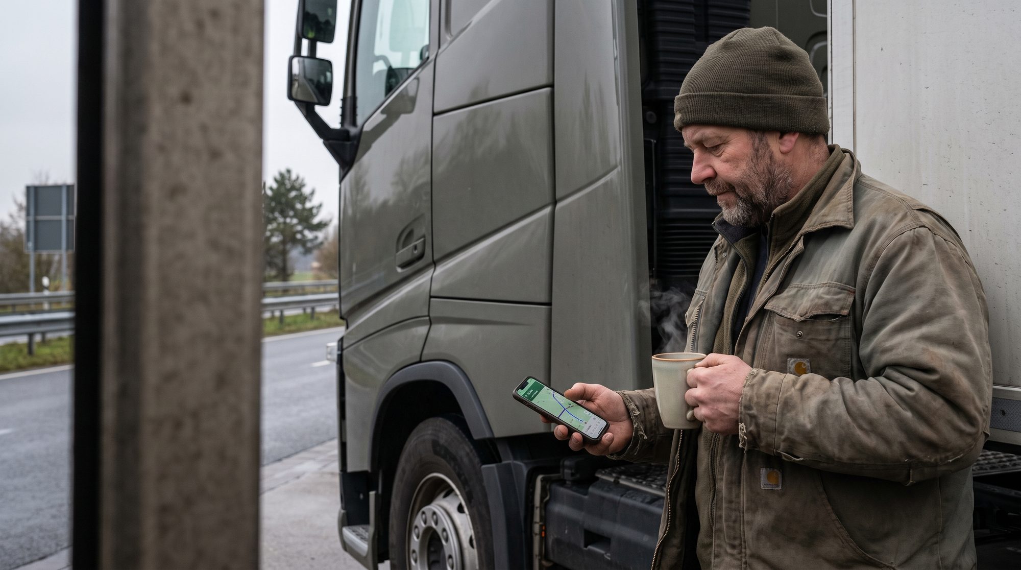 Fahrer mit Kaffee schaut auf die Route, entspannte Stimmung