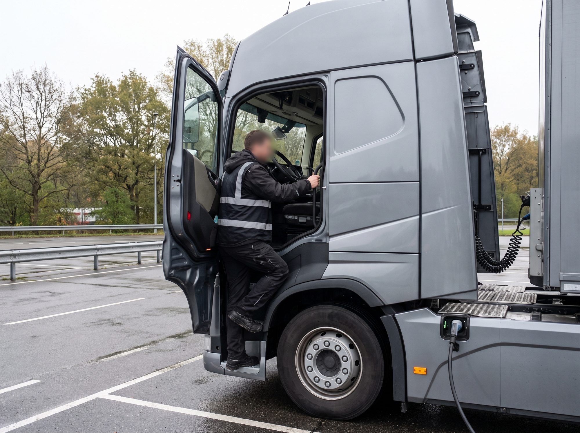 Fahrer steigt in E-Lkw