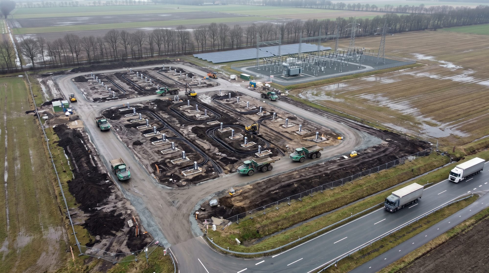 Ladehub Osnabrück im Bau (Beweis „wir bauen wirklich") — Baustelle/Luftaufnahme mit Trafo/PV