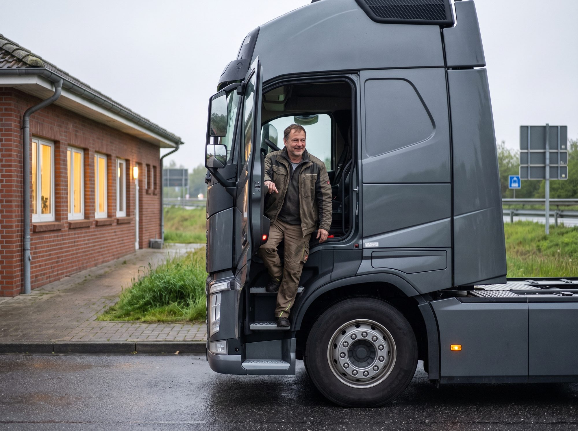 Fahrer:in steigt entspannt am Hub aus dem E-Lkw, Servicebereich im Hintergrund