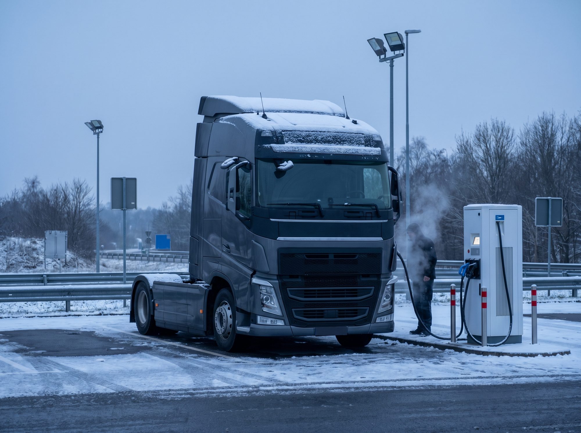 E-Lkw lädt bei winterlichen Bedingungen am Depot