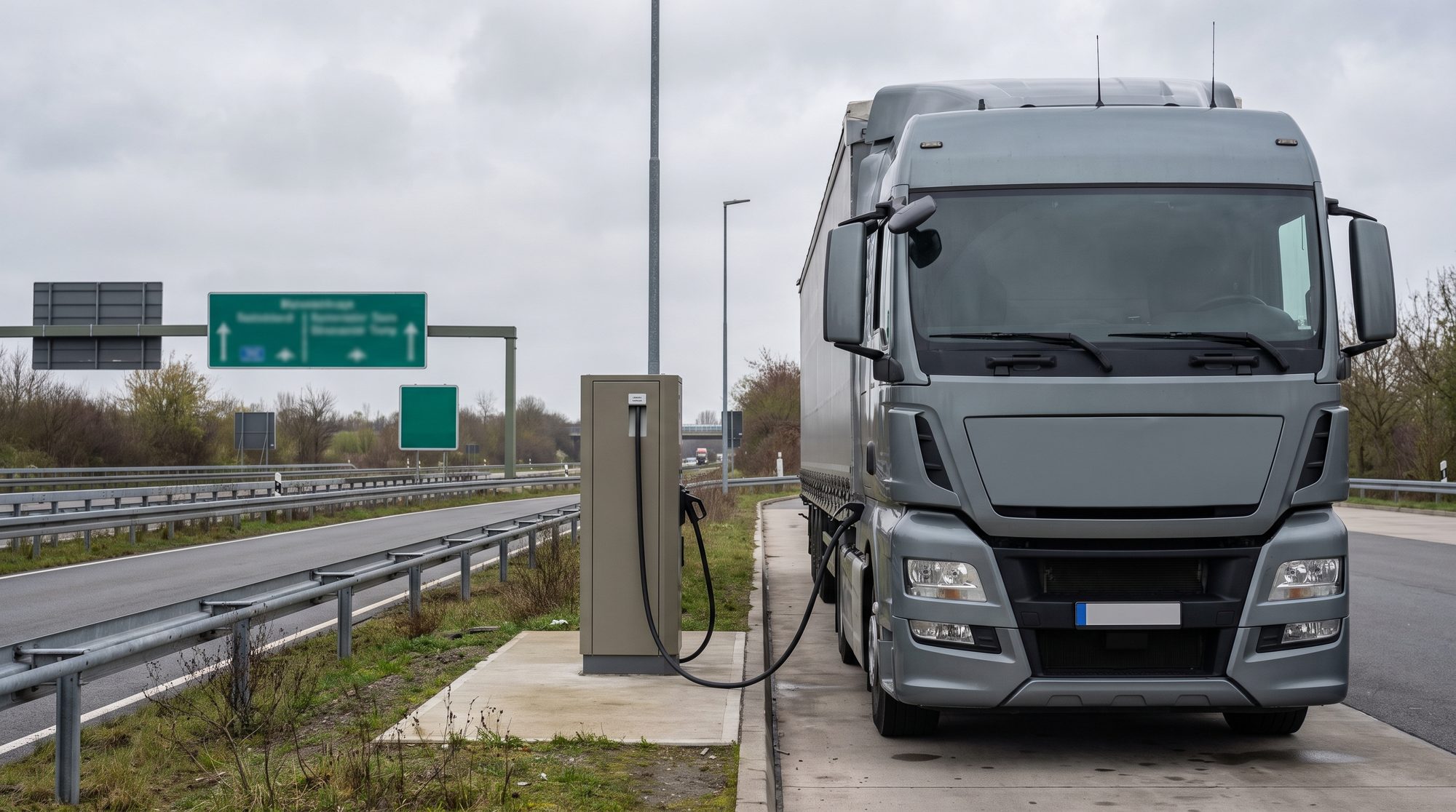 E-Lkw an Ladepark, nüchtern-fachlich