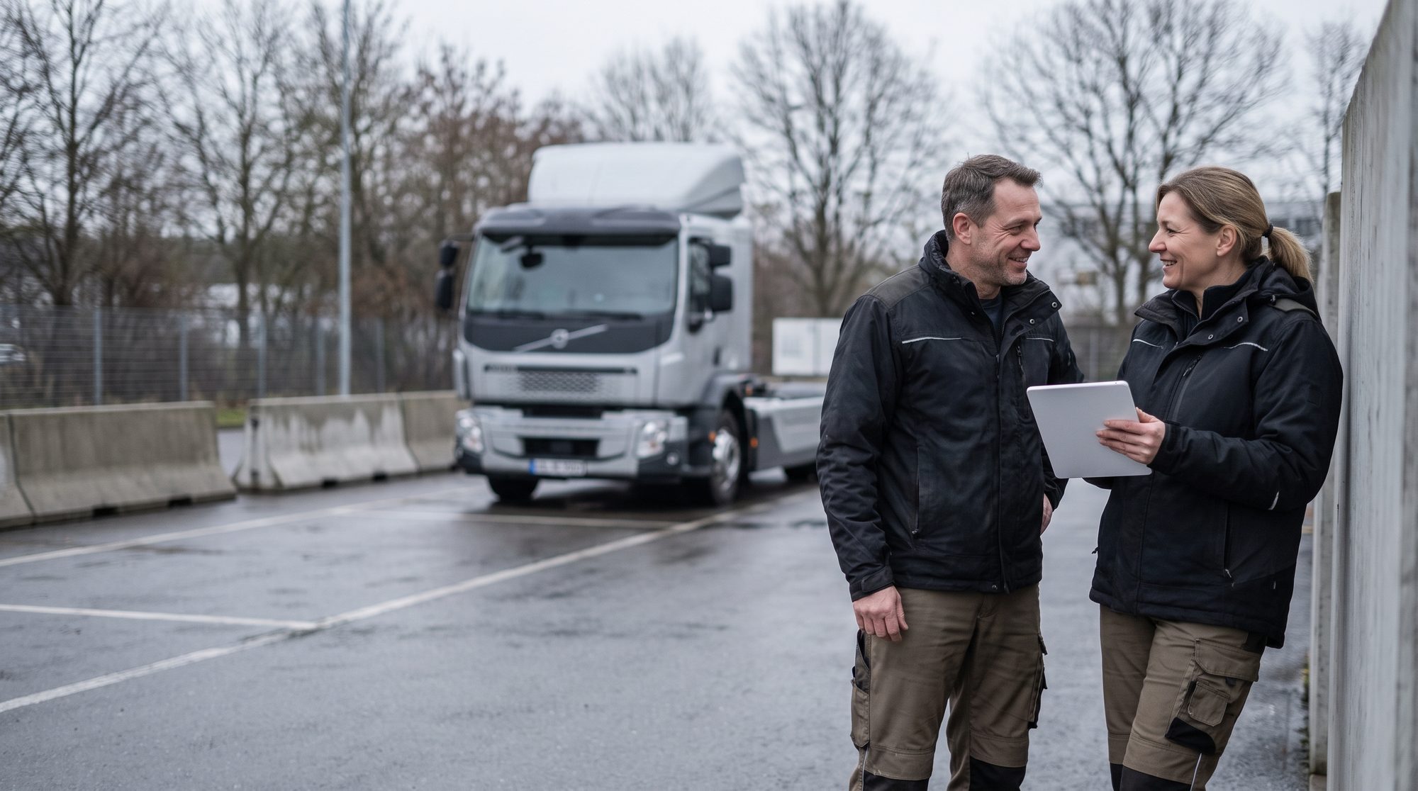 Zwei Personen im Beratungsgespräch am Depot, E-Lkw im Hintergrund