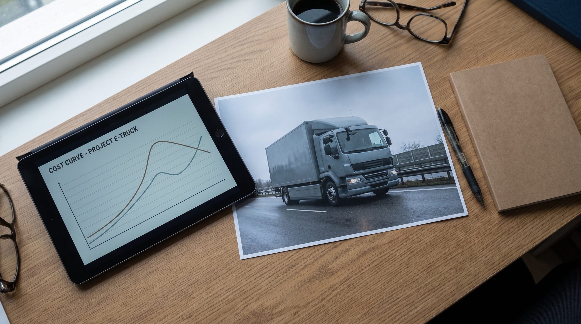 Nüchtern: Tablet mit Kostenkurve auf Schreibtisch, E-Lkw-Foto daneben