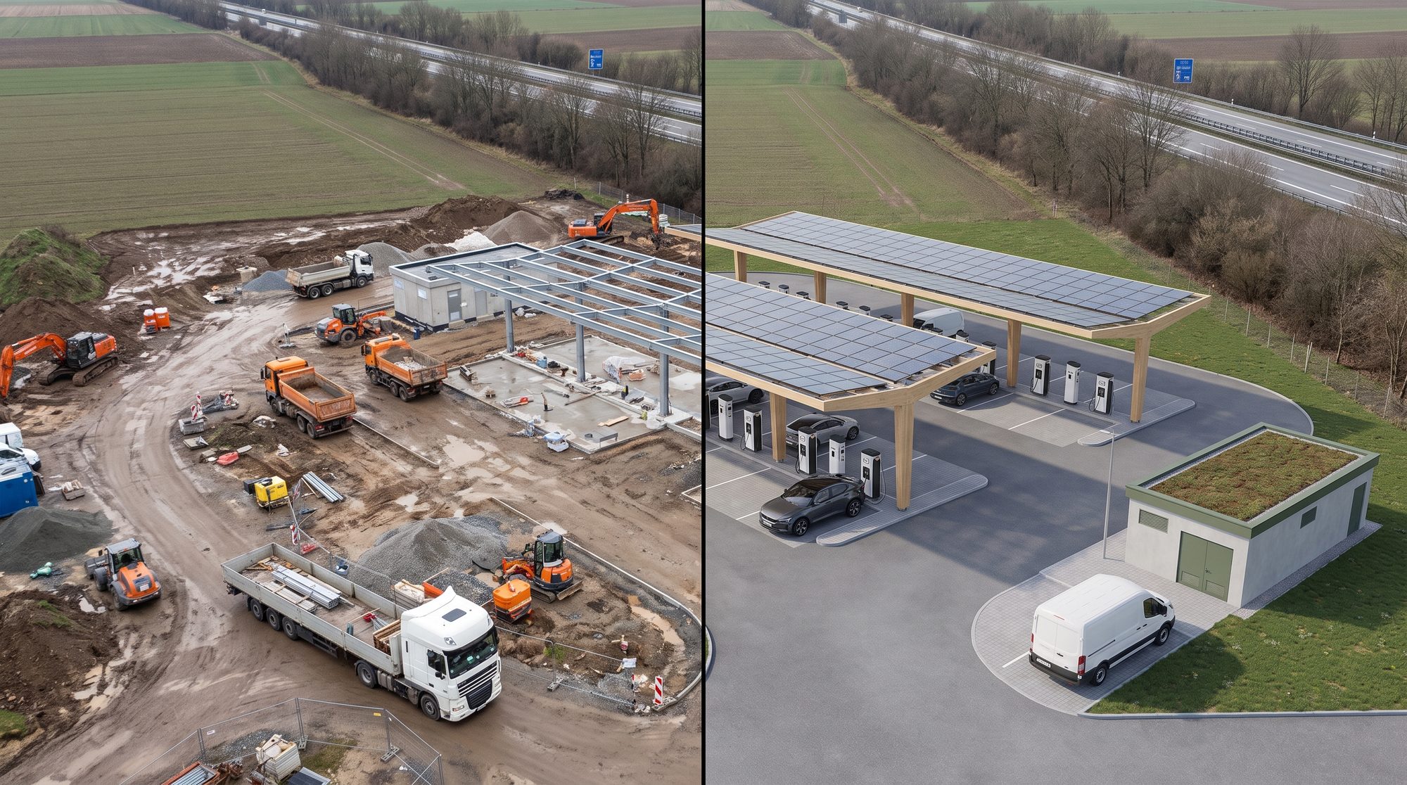 Ladehub Osnabrück: aktueller Baufortschritt (Luftaufnahme Baustelle) neben der 3D-Visualisierung des fertigen Ladeparks