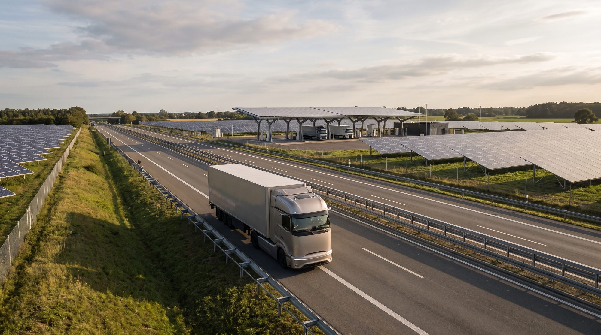 E-Lkw auf „grünem Korridor", PV-Anlage am Ladepark sichtbar