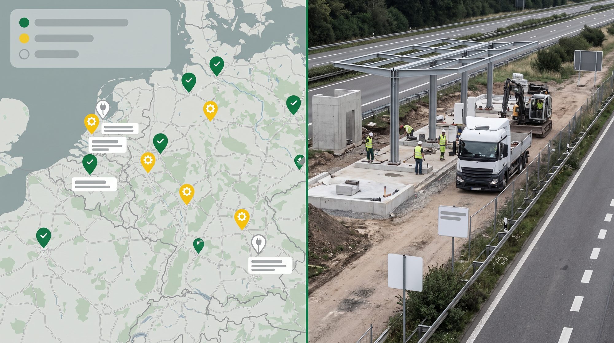Karte mit drei Zuständen — in Betrieb, gesichert, in Prüfung — daneben der Baufortschritt Osnabrück