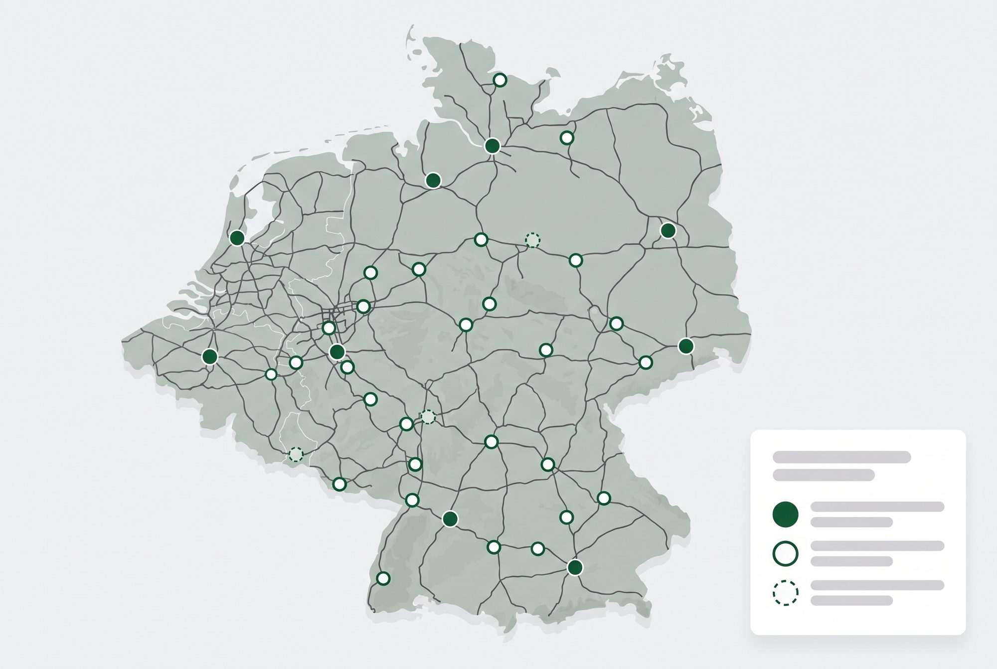 Netzkarte: ElectroFleet-Hubs in Betrieb, gesichert und in Prüfung — Netz statt Einzelstandort