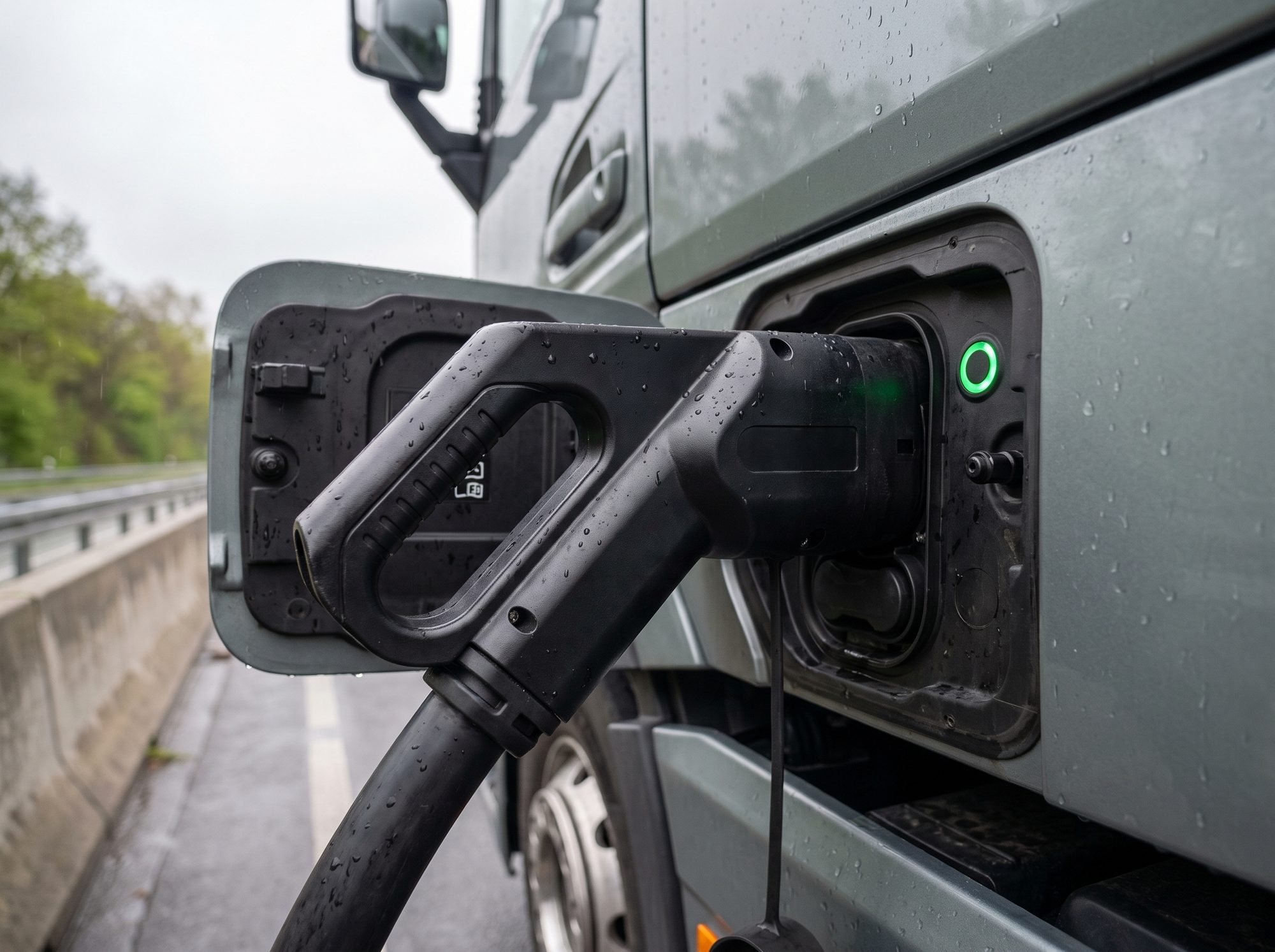 Nahaufnahme: Stecker im E-Lkw, Ladung startet ohne Karte