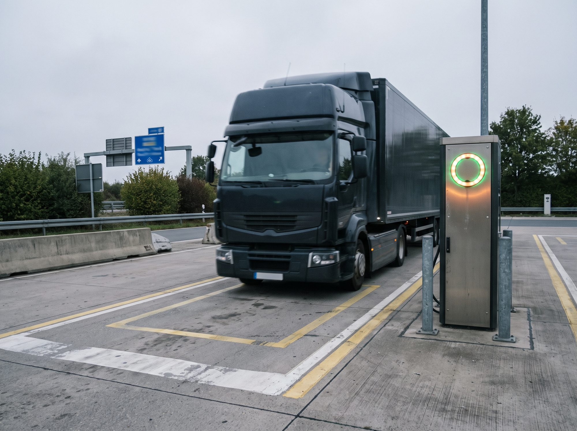 E-Lkw fährt in die Bucht, Säule erkennt das Fahrzeug automatisch