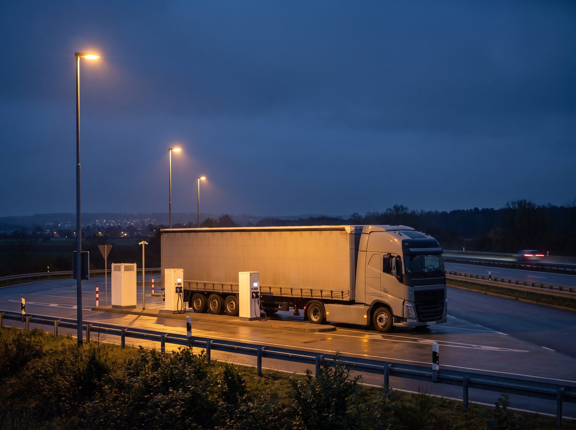 E-Lkw über Nacht am beleuchteten Hub