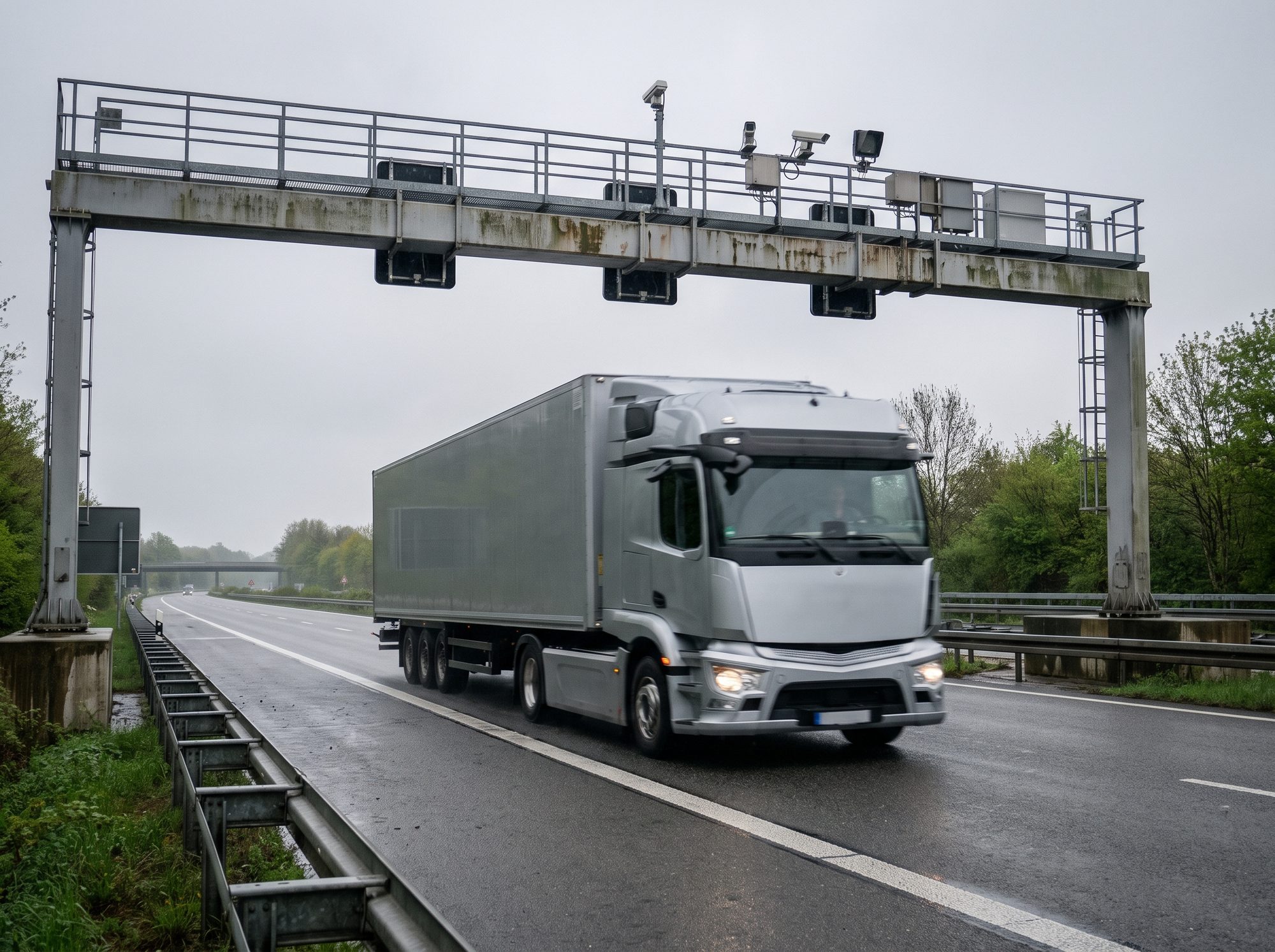 Autobahn mit Mautbrücke, E-Lkw