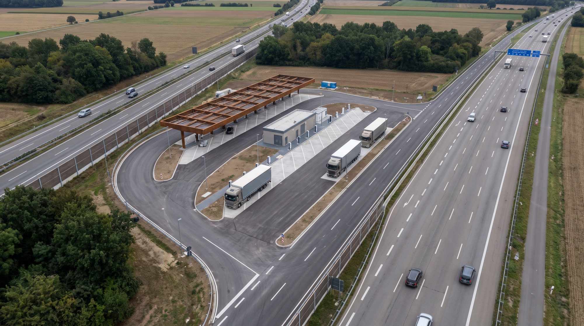 Luftaufnahme Fläche mit fertigem Ladepark, Autobahn im Hintergrund