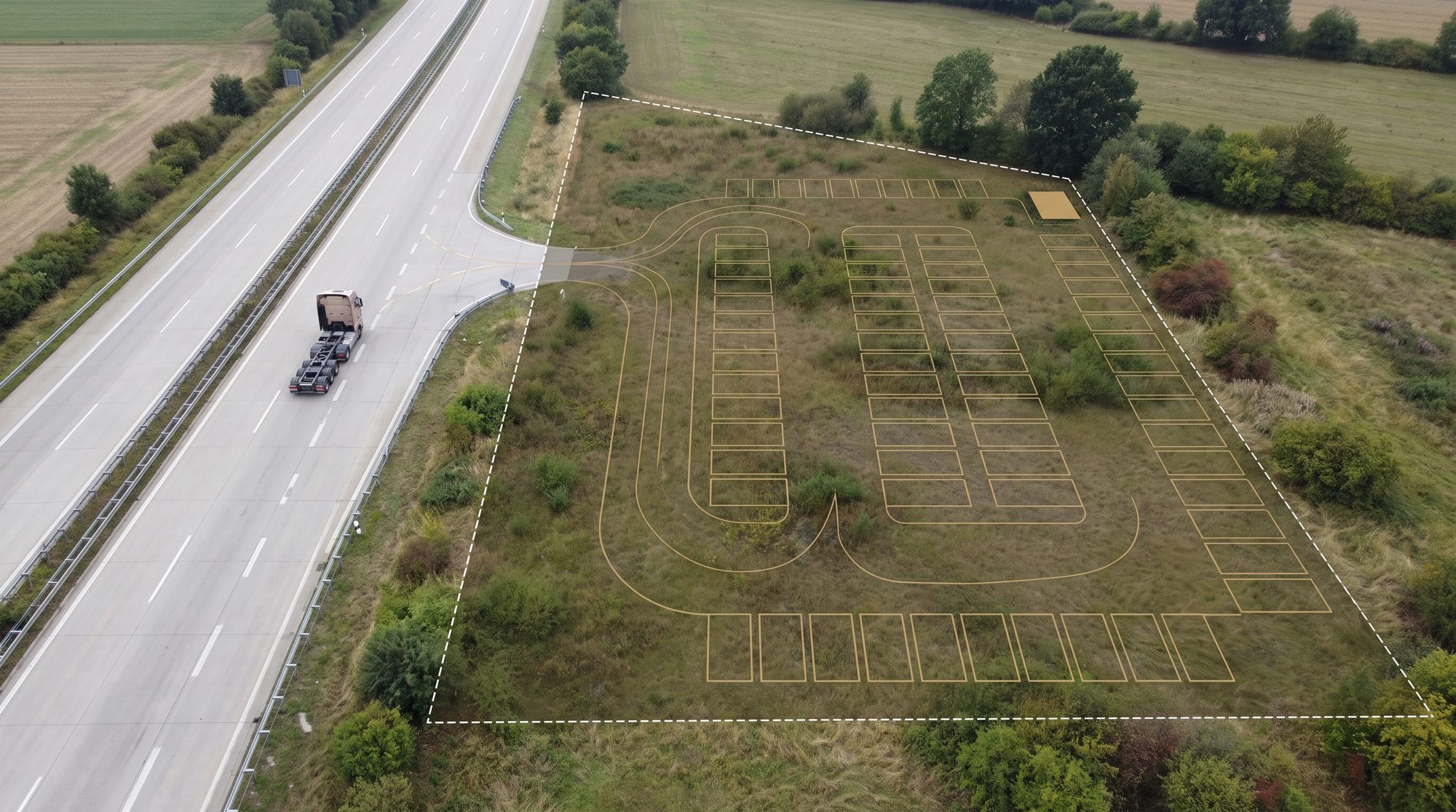 Luftaufnahme: Gewerbe-/Logistikgrundstück an einem Autobahnkorridor, mit angedeutetem Ladepark-Layout