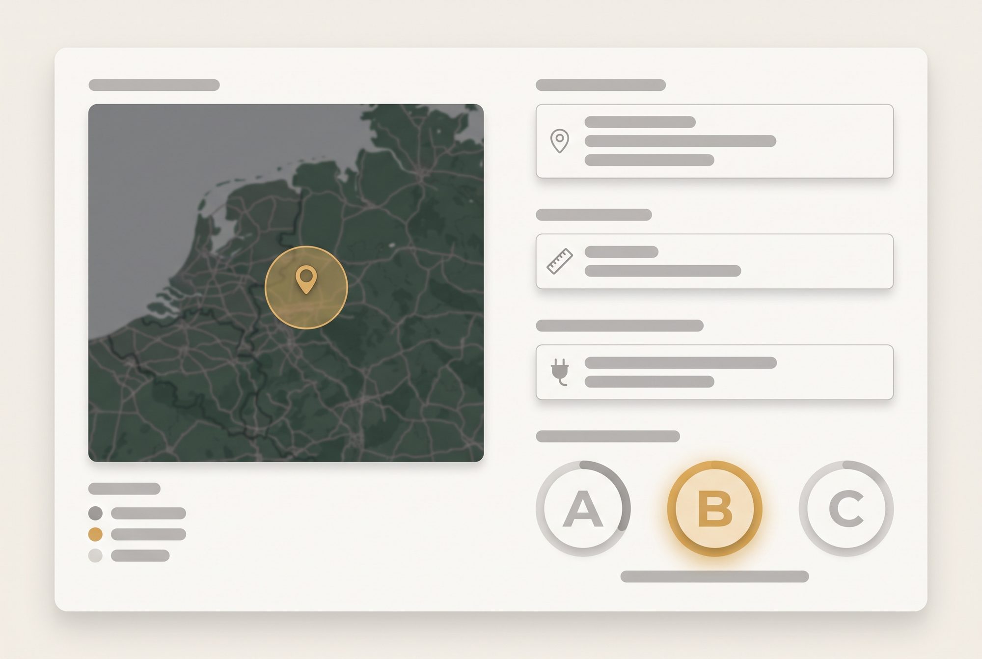 Mockup Standort-Scoring-Selbstcheck: Karte + Eingabefelder (Lage, Größe, Netzanschluss) → Ampel-Ergebnis A/B/C