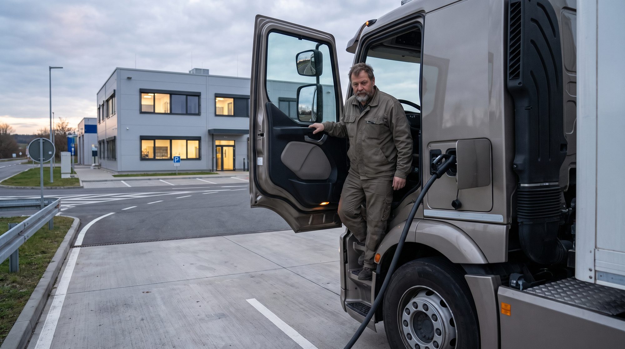 E-Lkw-Fahrer steigt entspannt aus dem Lkw an einer durchfahrbaren Ladebucht, Servicegebäude im Hintergrund