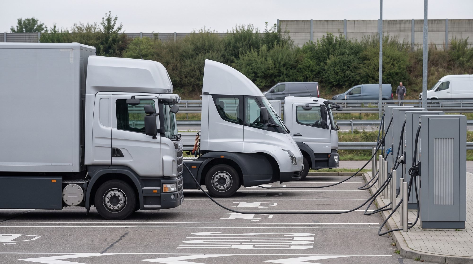 Verschiedene E-Lkw-Marken laden nebeneinander am selben Hub