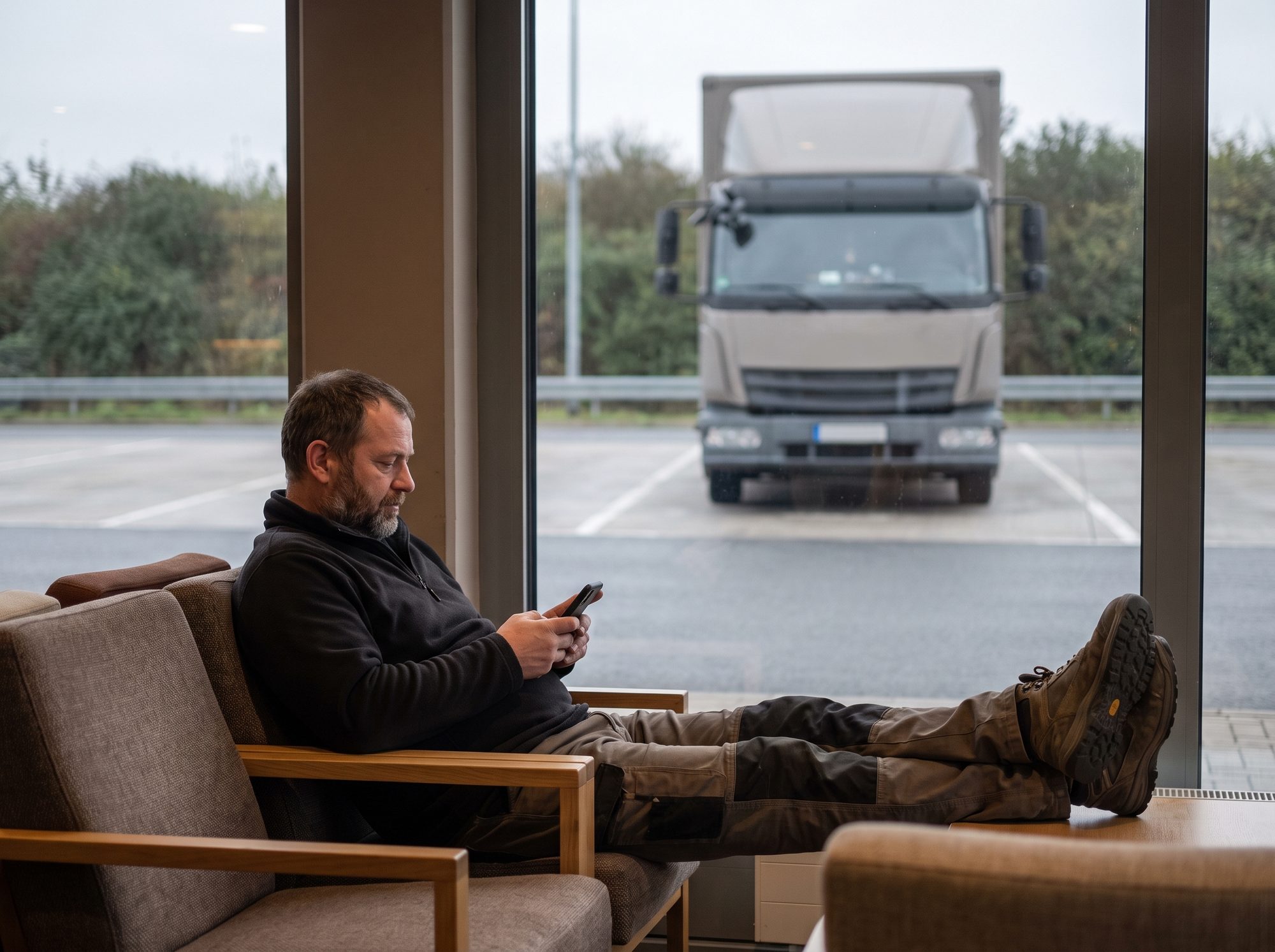 Fahrer mit Handy im Sitzbereich, entspannte Pausensituation