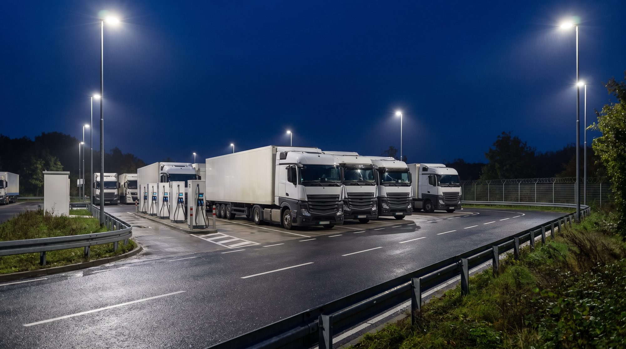 Gut beleuchteter Hub bei Nacht, Lkw sicher abgestellt