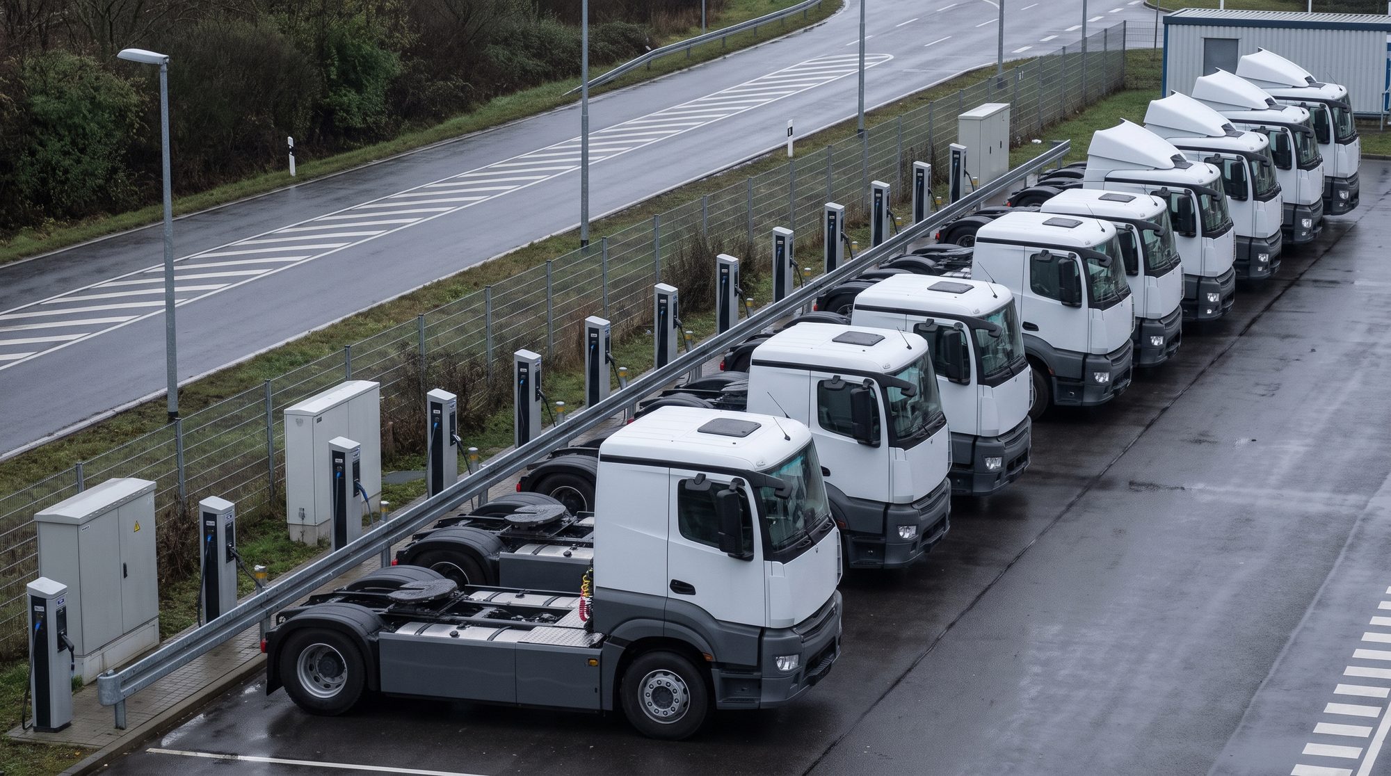 E-Lkw-Flotte an Depot-Ladepark bei Tageslicht
