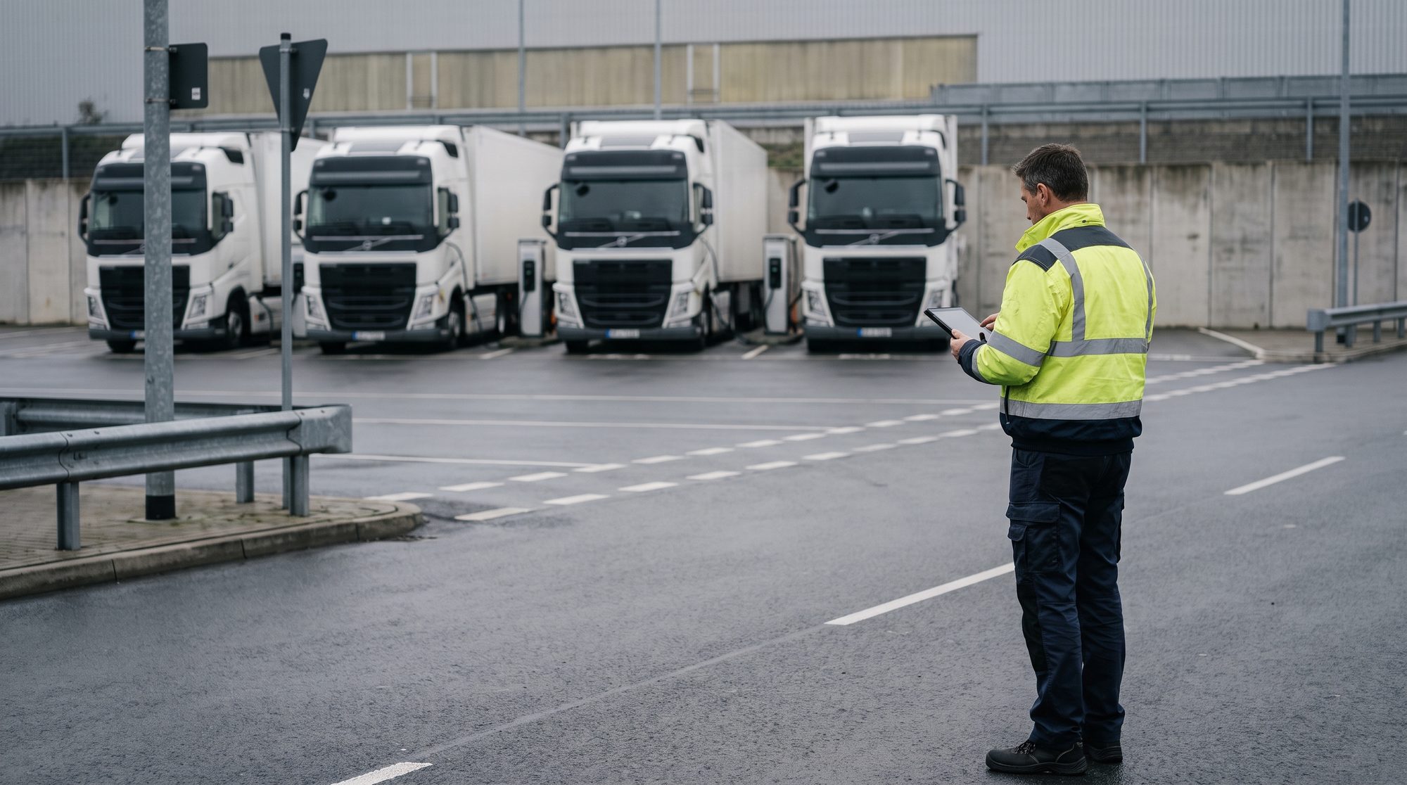 E-Lkw-Flotte an einem Depot-Ladepark, Fuhrparkleiter mit Tablet im Vordergrund (seriös, betrieblich)