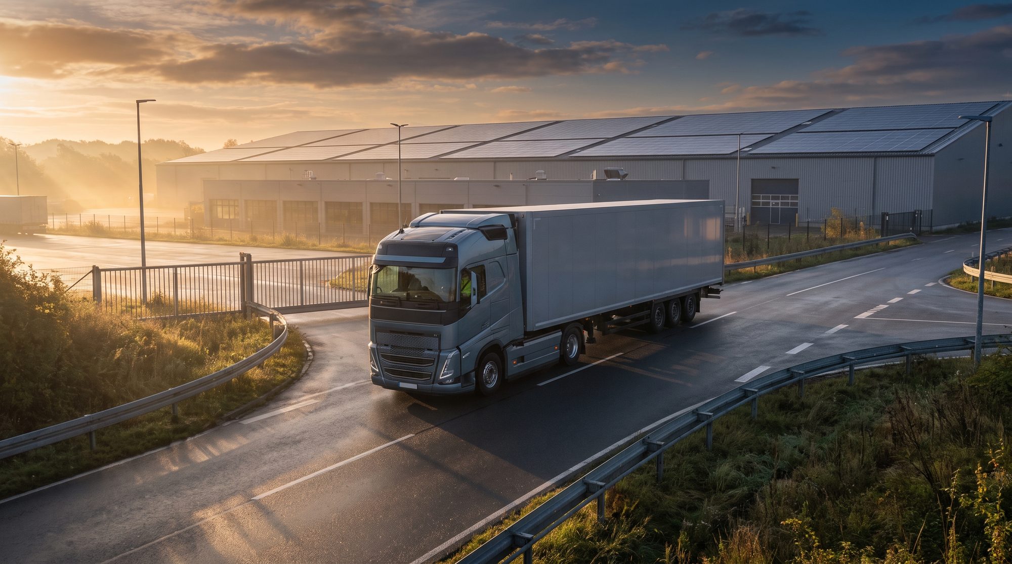 Hintergrundvideo: E-Lkw verlässt Depot bei Sonnenaufgang, PV-Dach sichtbar