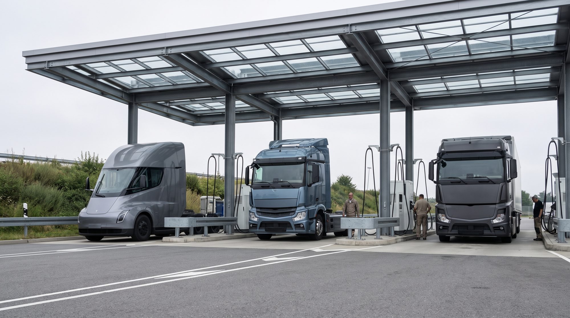 Mehrere Marken-E-Lkw + Ladeinfrastruktur, Partnerschaft/Ökosystem angedeutet